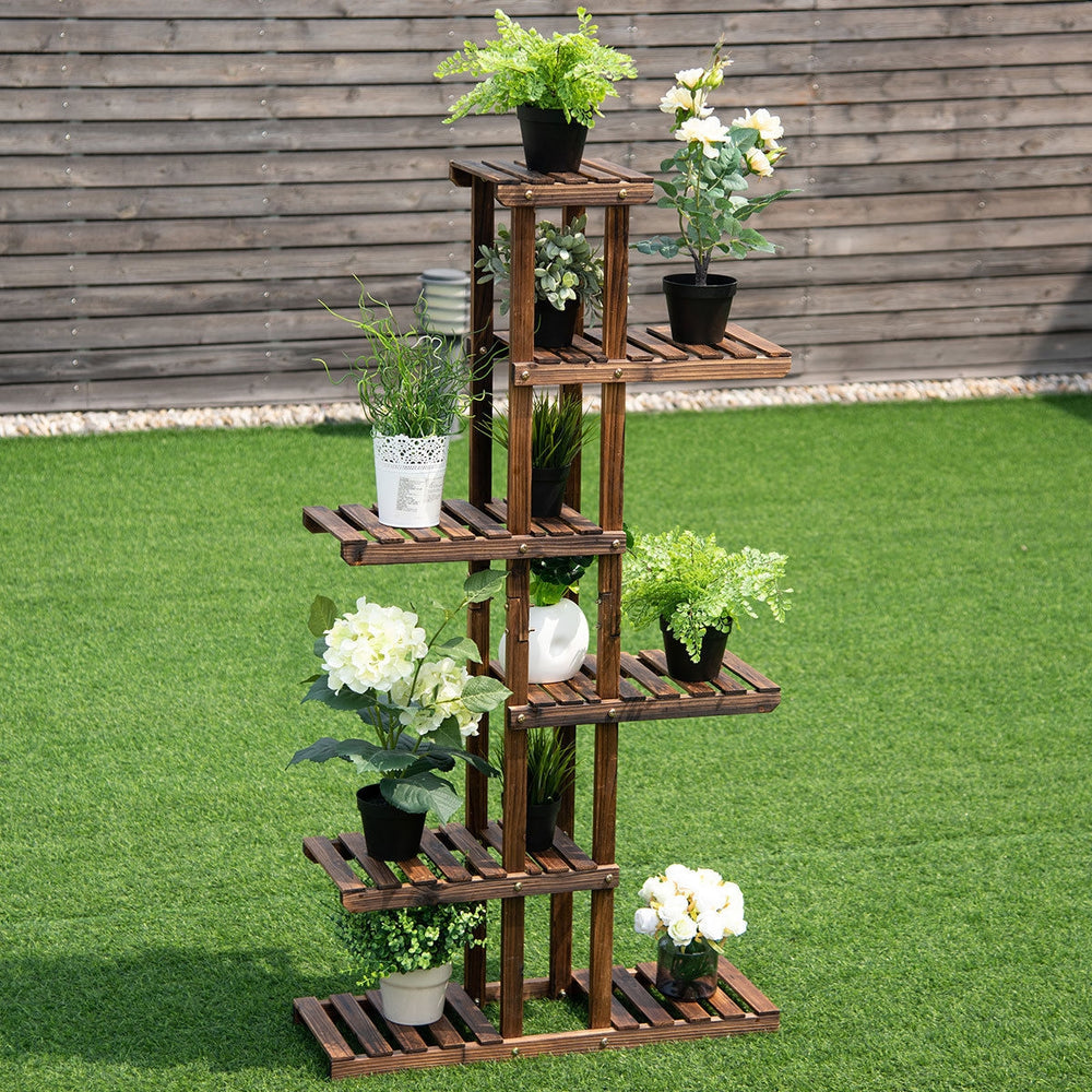 6-tier wooden plant rack with a unique high and low design, providing ample space for showcasing various potted plants.