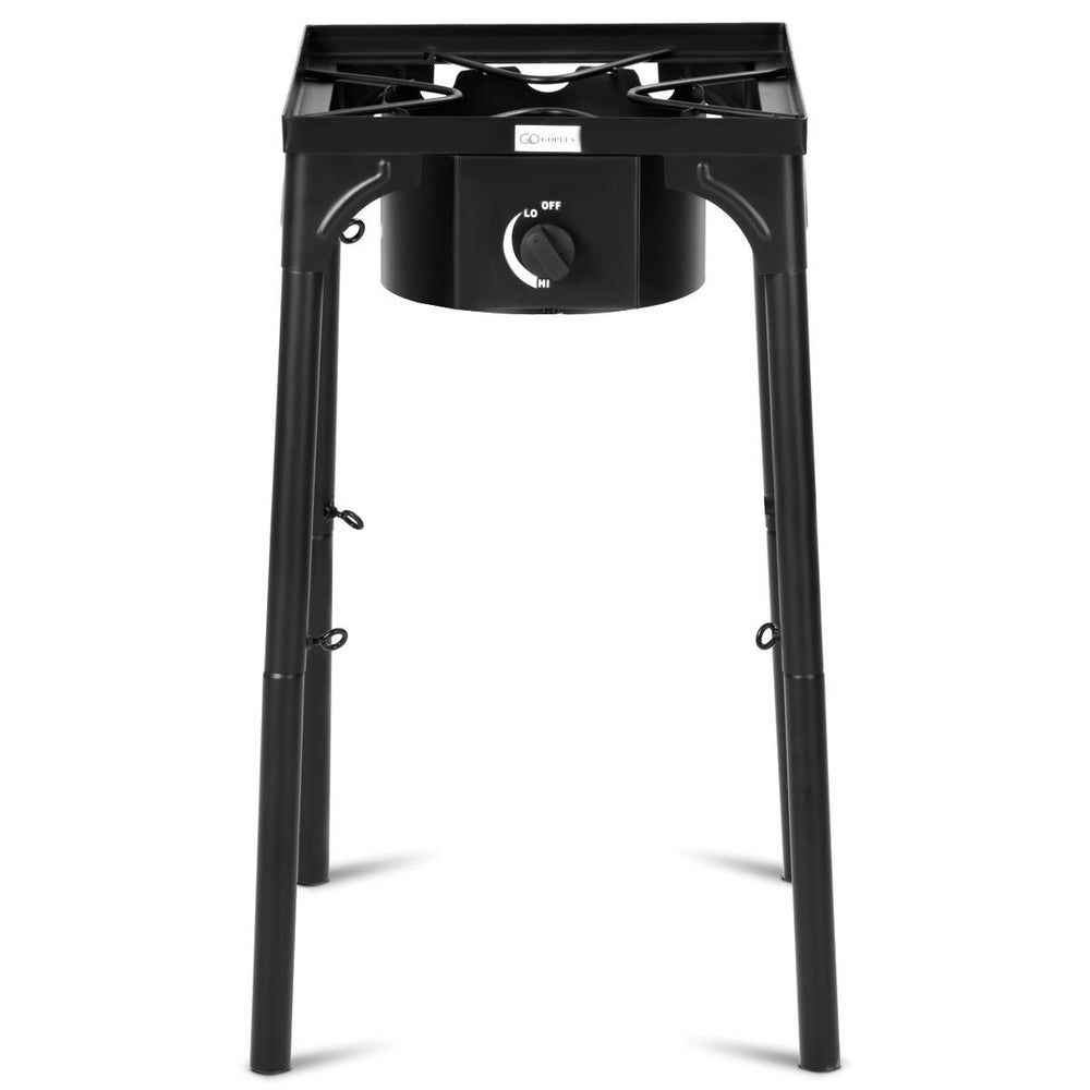 Portable propane camp stove showcasing detachable legs for easy transport, featuring a powerful 100,000 BTU cast iron.