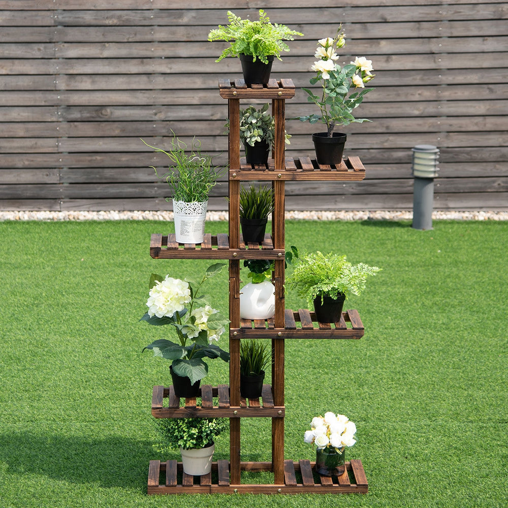 6-tier wooden plant rack featuring a multi-layer design, perfect for displaying plants and decorations in any outdoor.