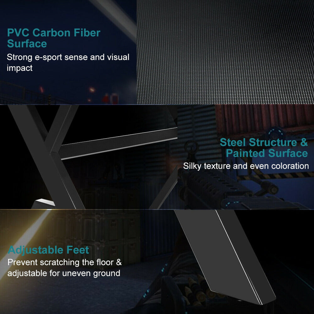 Ergonomic gaming desk with PVC carbon fiber surface, steel frame, and adjustable feet for stability and organization.