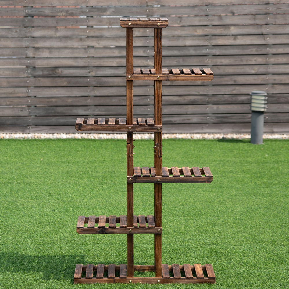 6-tier wooden plant rack stand with hollow-out design, perfect for displaying flowers and potted plants outdoors or.
