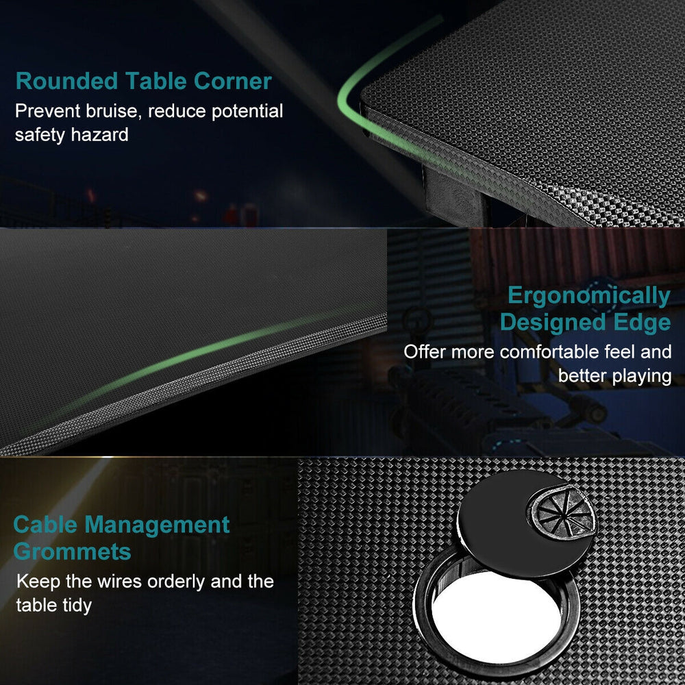 Ergonomic gaming desk with rounded edges, PVC carbon fiber surface, and cable management for organized gaming setup.