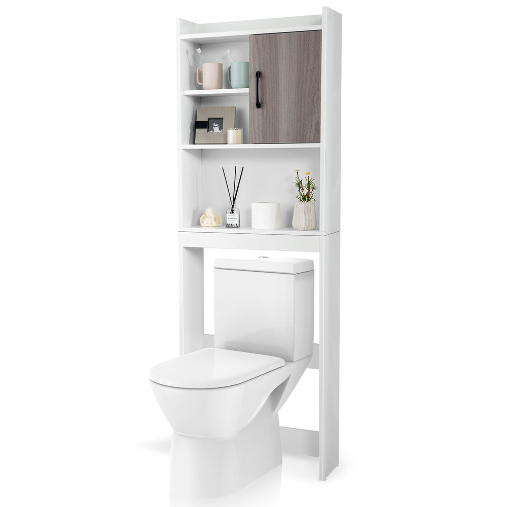 4-tier space-saving toilet storage cabinet with open shelves and a single-door cabinet for bathroom organization.