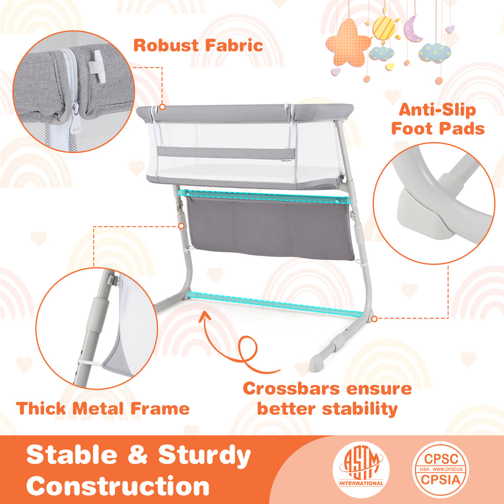 Baby bassinet with adjustable height, sturdy metal frame, and anti-slip foot pads for bedside sleeping convenience.