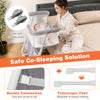 Baby bassinet bedside crib in gray with adjustable height, full-mesh sides, and safety straps for secure co-sleeping.