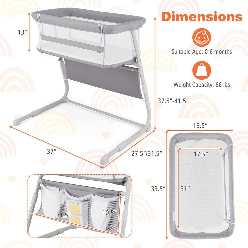Baby bassinet bedside crib in gray with adjustable height, mesh sides, and comfortable mattress for infants 0-6 months.