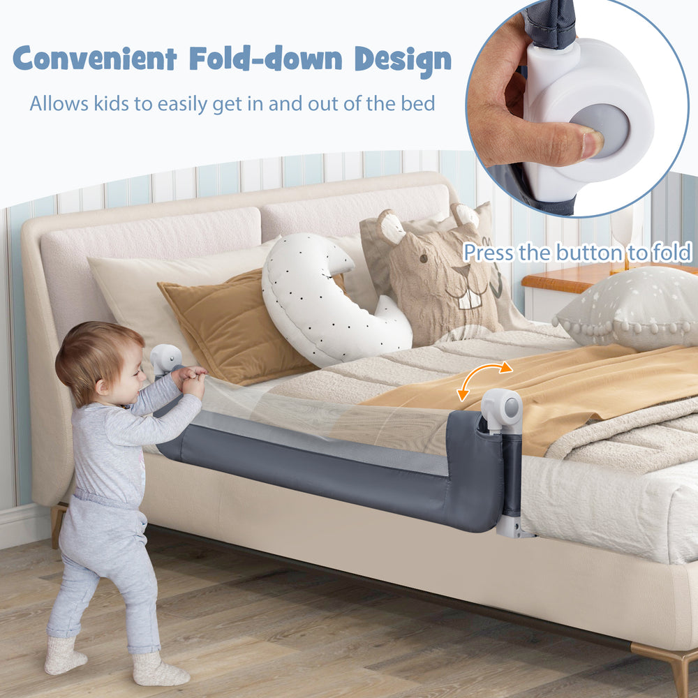 Foldable bed rail in gray with a child using the convenient swing-down design for easy access in and out of bed.