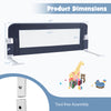 Foldable gray bed rail with dimensions 47" x 17" for toddler safety, featuring tool-free assembly and soft padding.