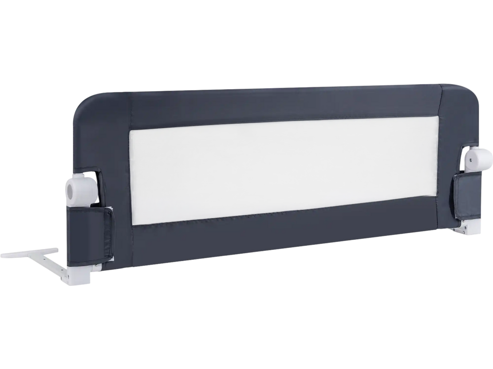 Foldable gray bed rail with soft padding, adjustable strap, and T-shaped legs for toddler safety and stability.