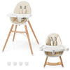 Beige baby high chair with X-shaped structure, non-slip foot pads, and 4-level adjustable tray for growing children.