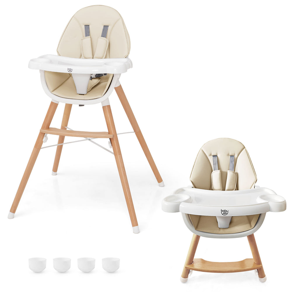 Beige baby high chair with X-shaped structure, non-slip foot pads, and 4-level adjustable tray for growing children.
