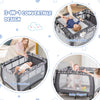 Portable baby playard in gray features a changing table, bassinet, and music box for versatile use and easy transport.