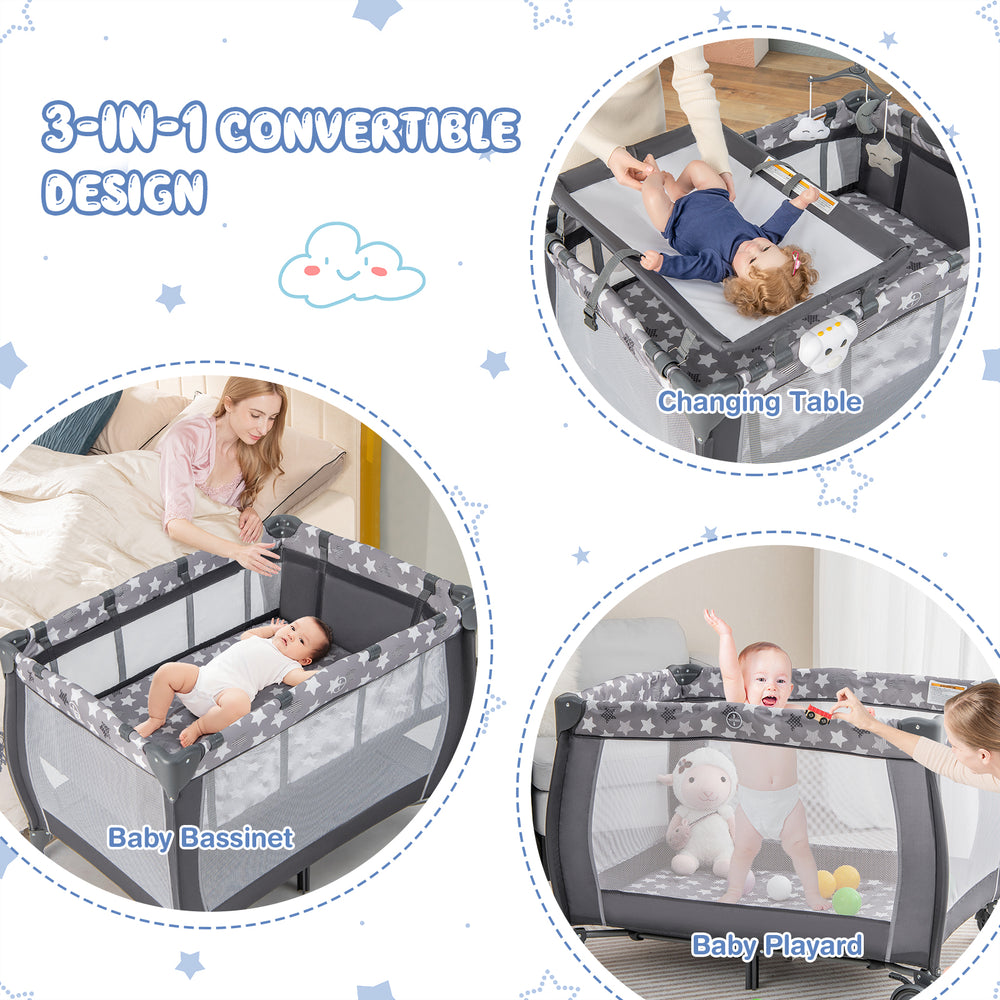 Portable baby playard in gray features a changing table, bassinet, and music box for versatile use and easy transport.