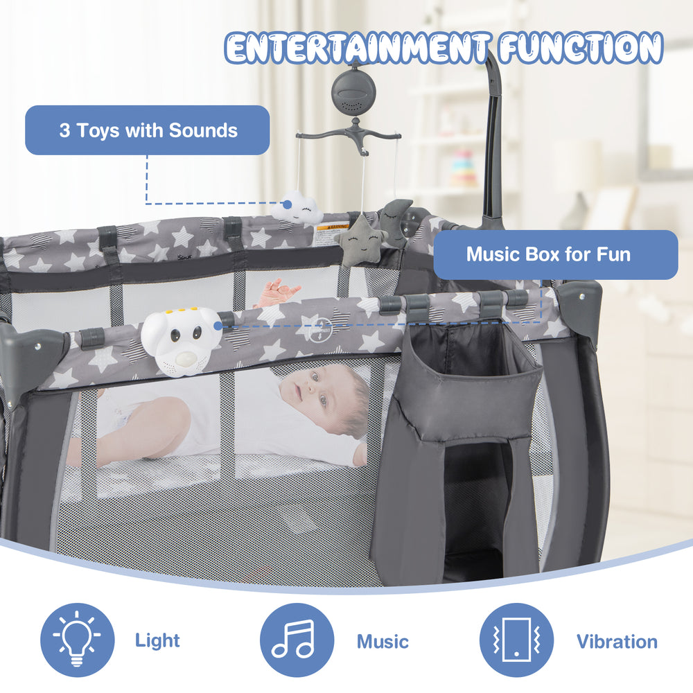 Portable baby playard in gray featuring hanging toys, music box, and mesh sides for easy baby observation.