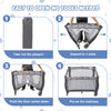 Portable baby playard in gray with changing table, mesh sides, and music box, easy to set up without tools.