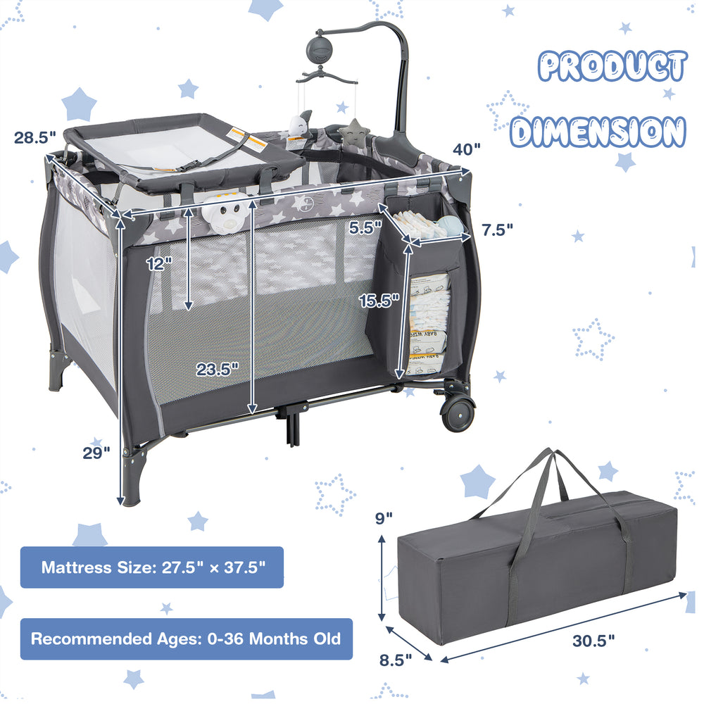 Portable baby playard in gray with changing table, music box, and foldable design for easy transport and storage.