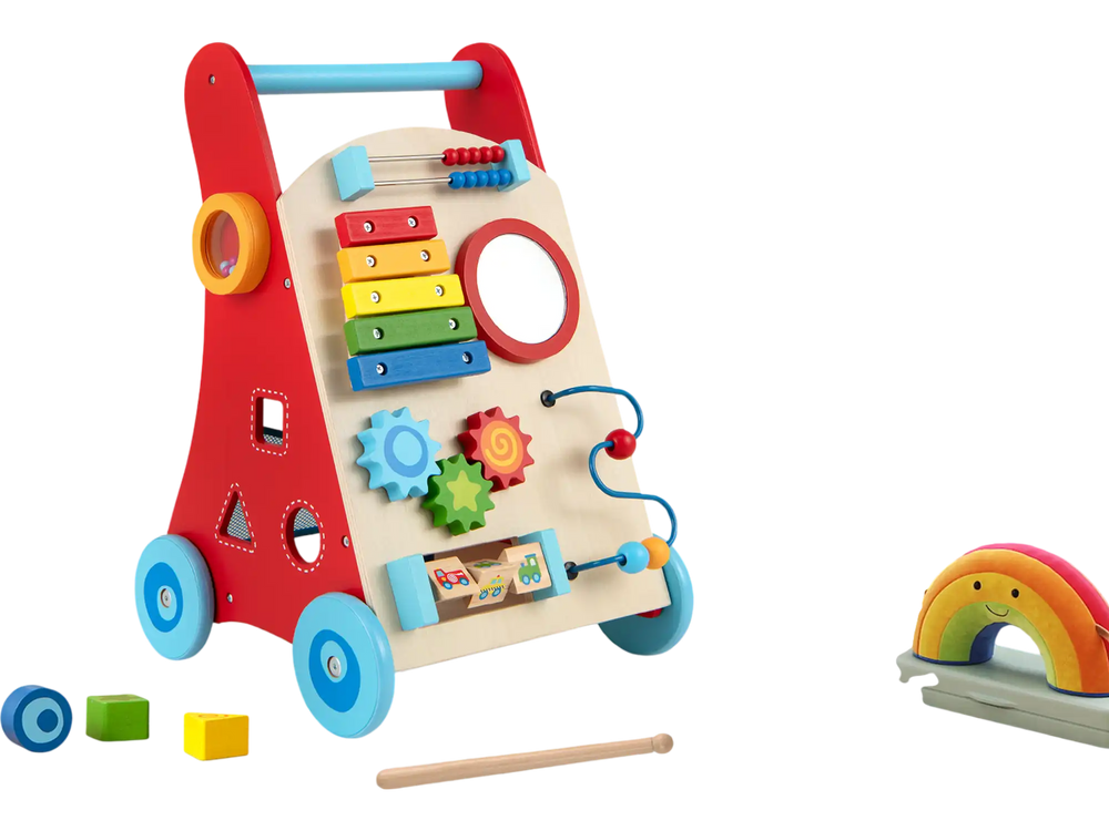 Multicolor baby push walker with a comfortable handle, designed for toddlers 3+, encourages standing play and motor.