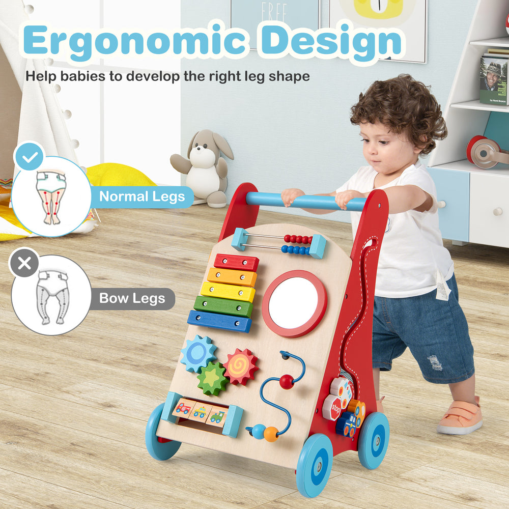 Baby push walker with handle and wheels, ergonomic design for toddlers, promotes walking posture and motor skills.