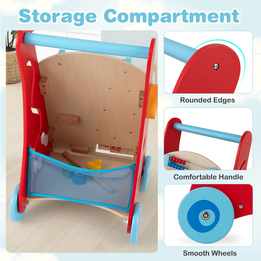 Baby push walker with storage compartment, rounded edges, and smooth wheels for toddlers aged 3+, promoting motor.