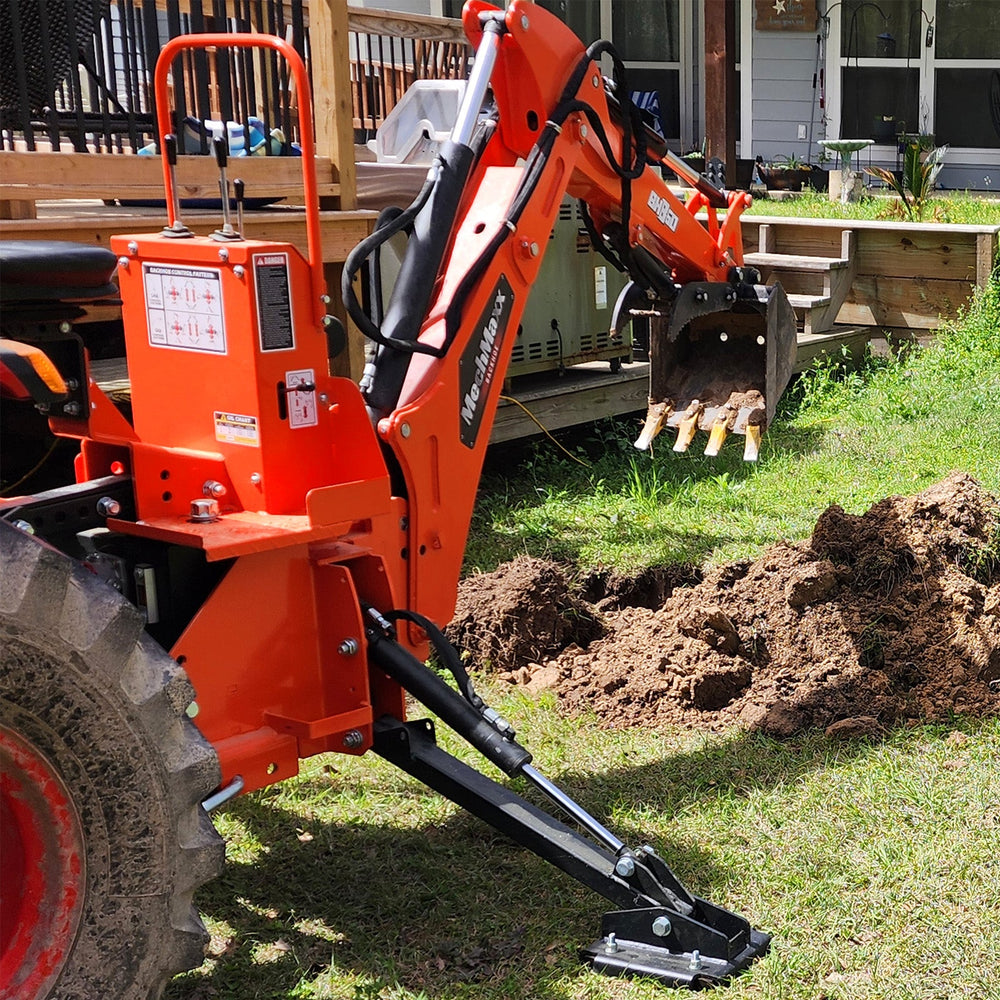 9' Tractor Backhoe Attachment with Mechanical Thumb,  15" Bucket,  ISO/SAE Switchable Controls,  Self-Contained Hydraulic System,  3 Point Hitch Cat.1 & 2,  25-100 HP,  BH860M