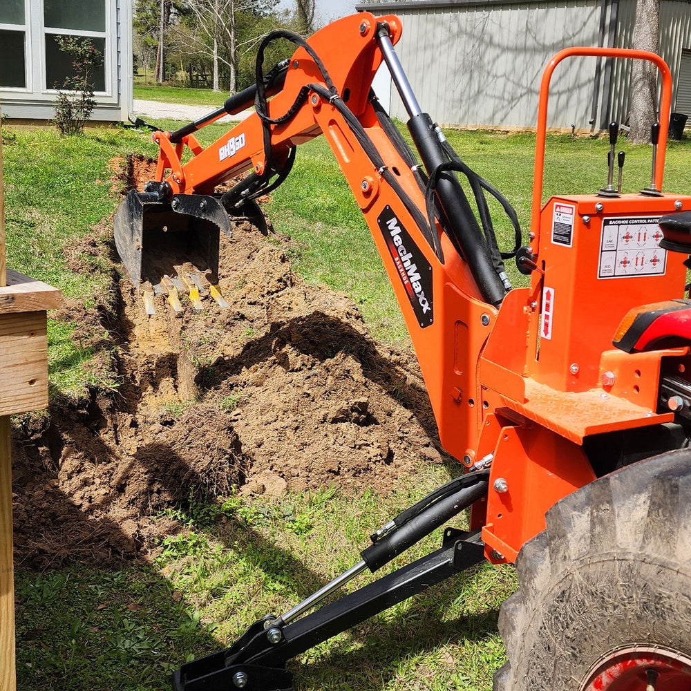 9' Tractor Backhoe Attachment with Mechanical Thumb,  15" Bucket,  ISO/SAE Switchable Controls,  Self-Contained Hydraulic System,  3 Point Hitch Cat.1 & 2,  25-100 HP,  BH860M