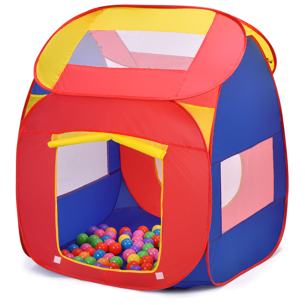 Colorful portable kid play house tent with breathable mesh and 100 balls, perfect for backyard fun and imaginative play.