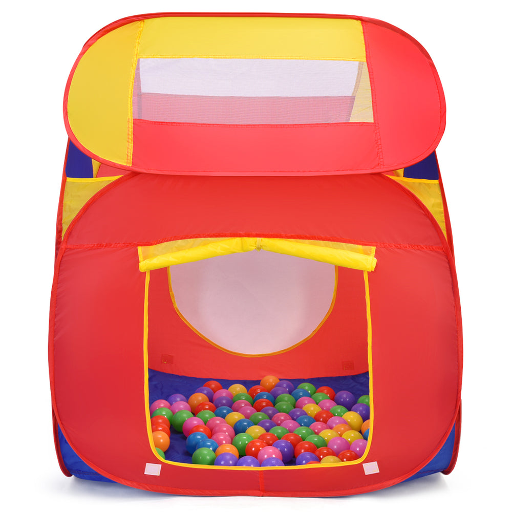 Bright red portable kid play house tent with mesh windows and 100 colorful balls for imaginative play and easy assembly.