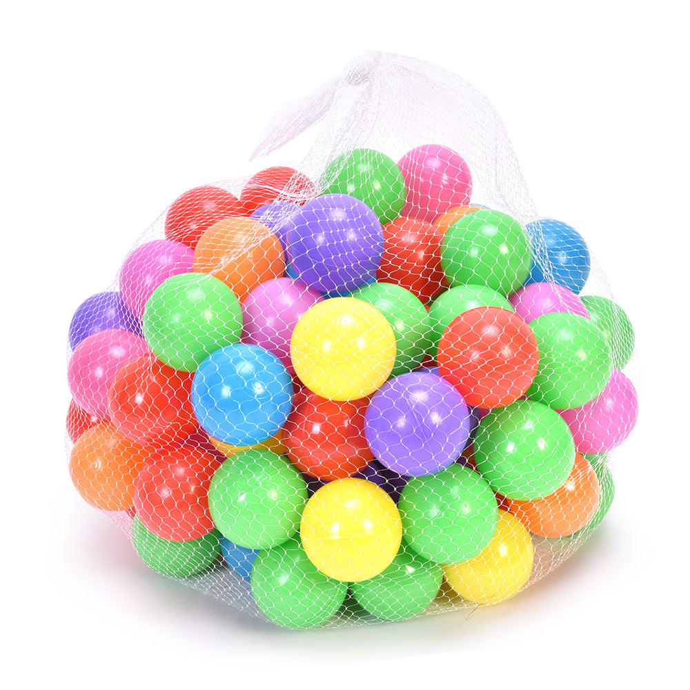 Colorful plastic balls in a mesh bag, included with the portable kid play house tent for imaginative play.