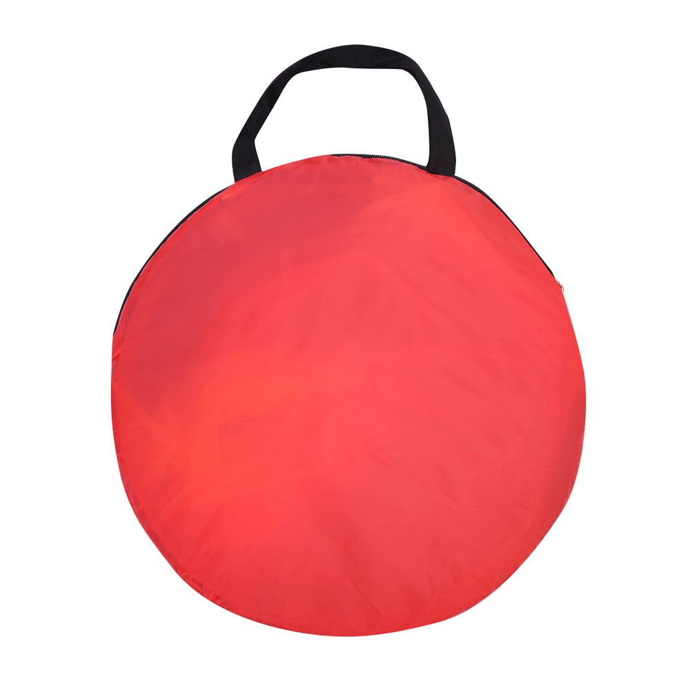 Red portable carry bag for a kid's play tent, designed for easy storage and transport, includes 100 balls for play.
