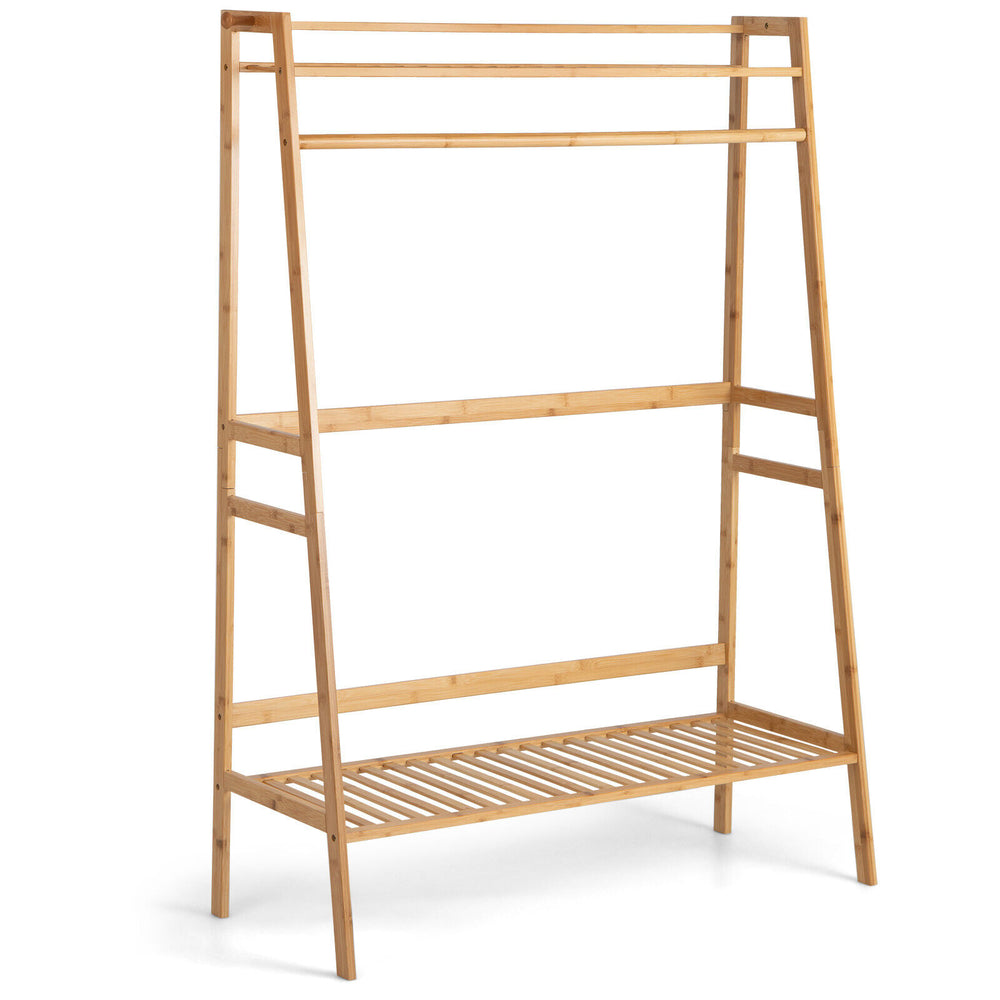 Bamboo clothing rack with hanging rod and 2-tier shelves, perfect for bedroom or entryway storage.