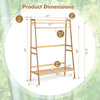 Bamboo clothing rack with storage shelves, featuring a hanging rod and two-tier shelves for versatile organization.