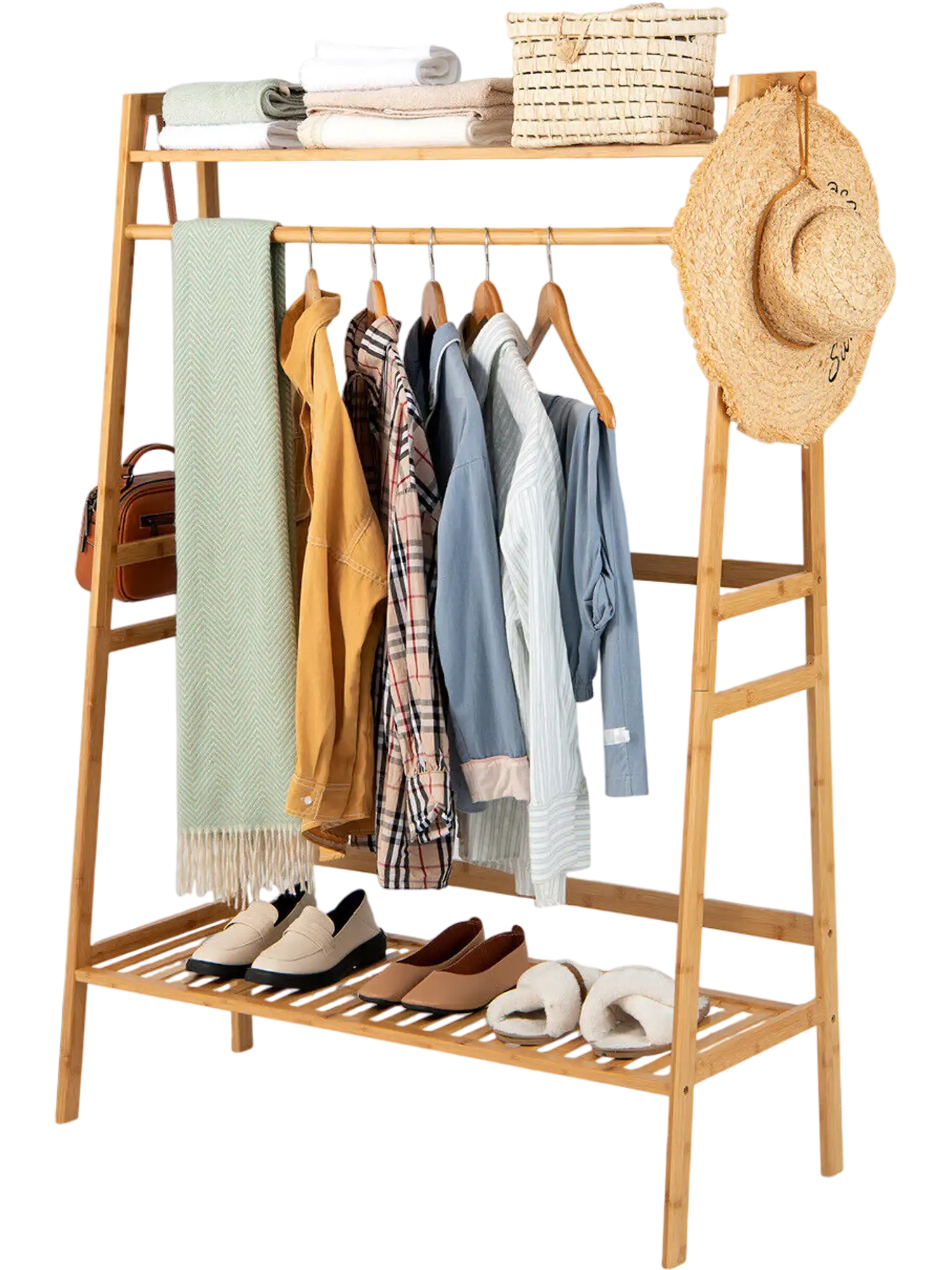 Costway Bamboo Clothing Rack Wardrobe Storage Shelves Natural 92651387 New