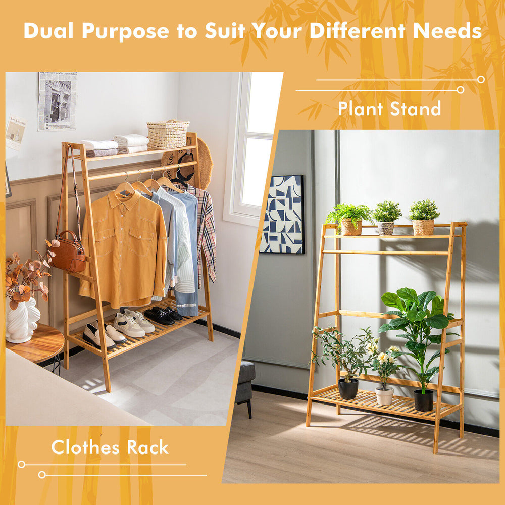 Bamboo clothing rack with storage shelves, featuring a hanging rod and two tiers, ideal for bedroom or plant display.