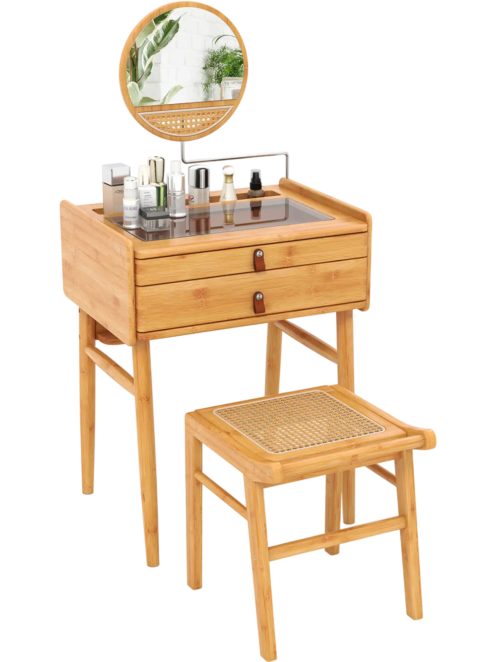 Bamboo Makeup Vanity Table with Stool and Rotating Mirror