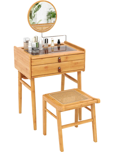 Costway Bamboo Makeup Vanity Table Stool Rotating Mirror 89172546 New