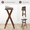 Compact folding bar stools set of 2 in teak wood, featuring saddle seats and footrests for kitchen island or balcony.