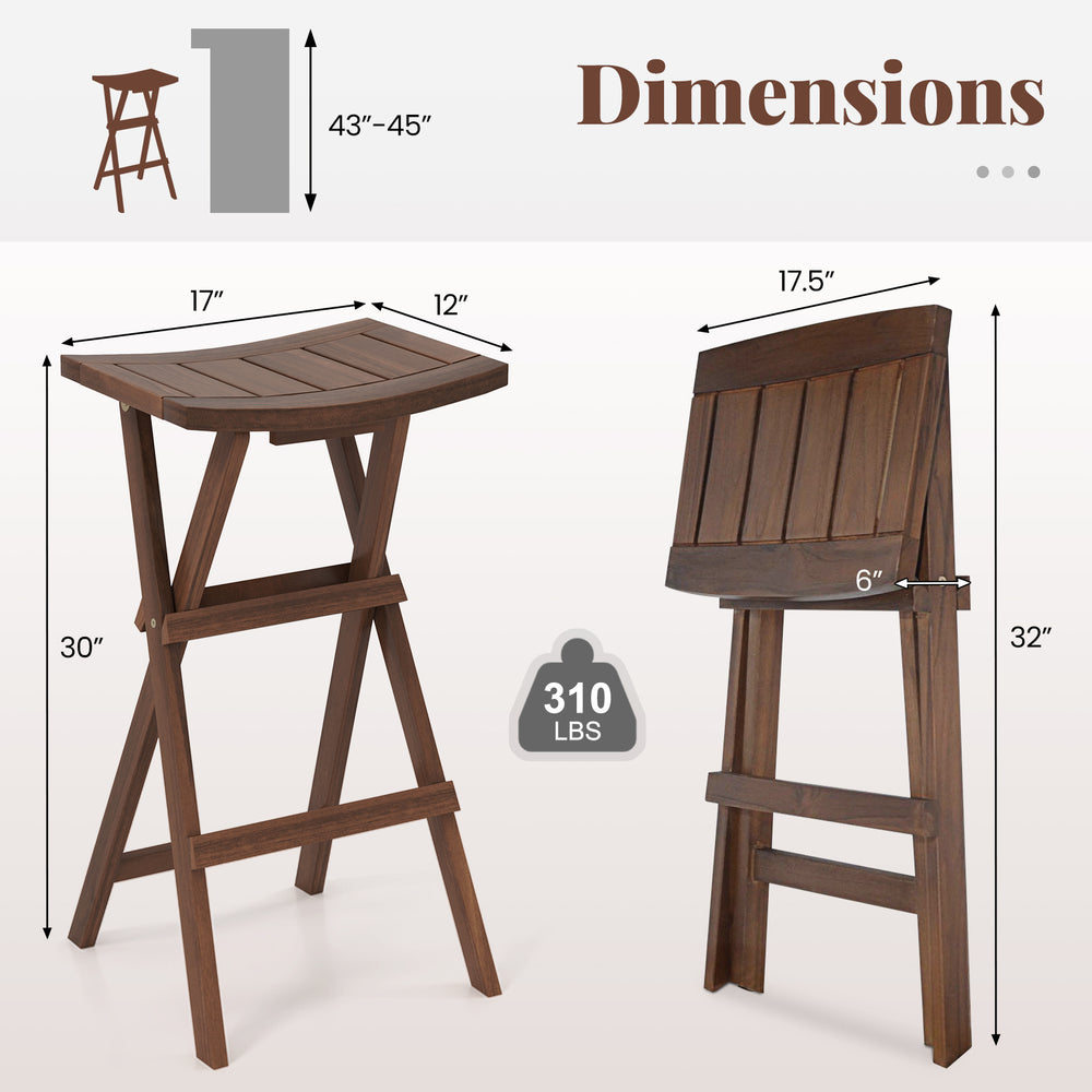 Teak wood bar stool with saddle seat and footrest, 30" height, compact folding design for easy storage.