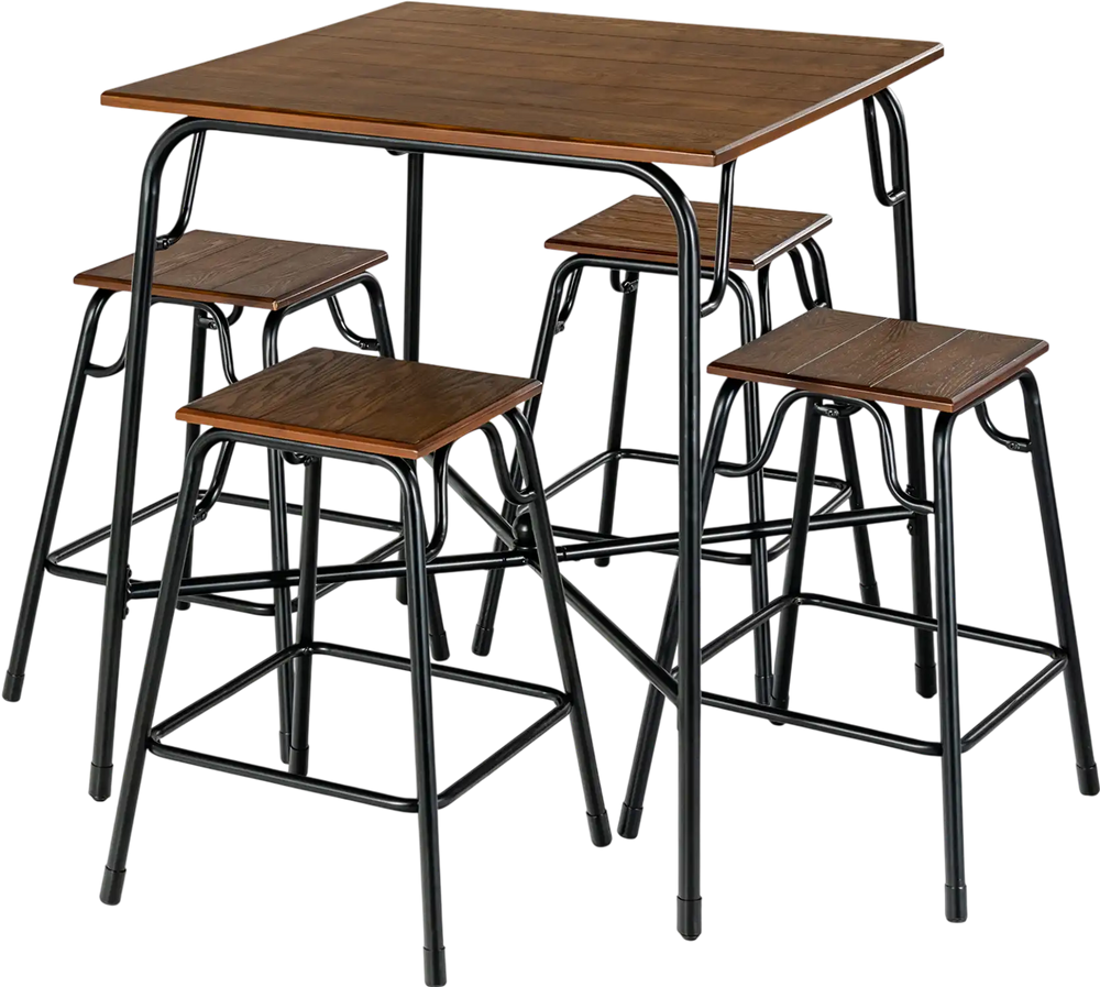 5-piece bar table set featuring a rustic brown square tabletop and 4 backless stools, perfect for dining or casual.