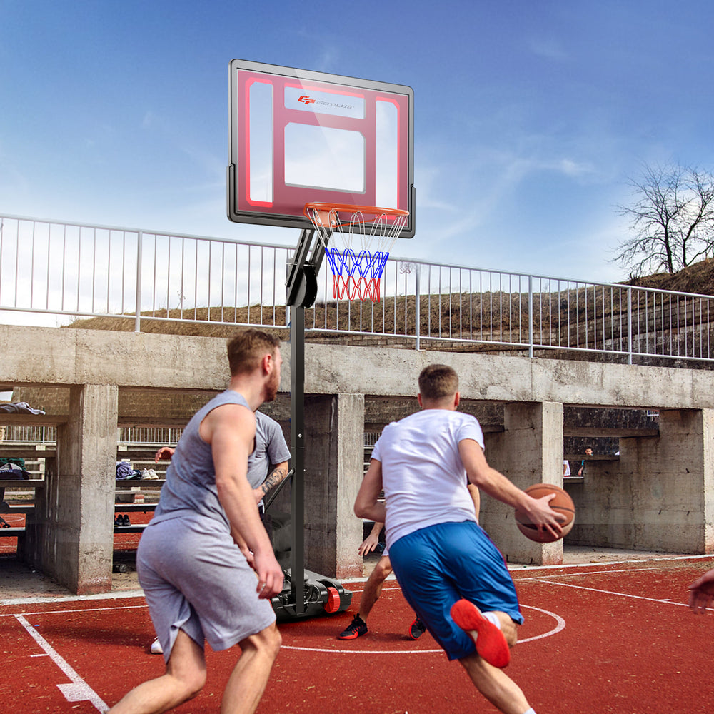Basketball hoop with adjustable height, featuring a shatterproof backboard and stable base for indoor and outdoor use.