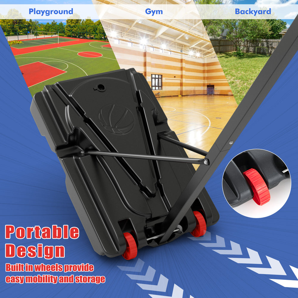 Basketball hoop with adjustable height, built-in wheels for easy mobility, suitable for indoor and outdoor use.