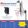 Basketball hoop with adjustable height from 5 to 10 feet, featuring rustproof metal tubes and a shatterproof backboard.
