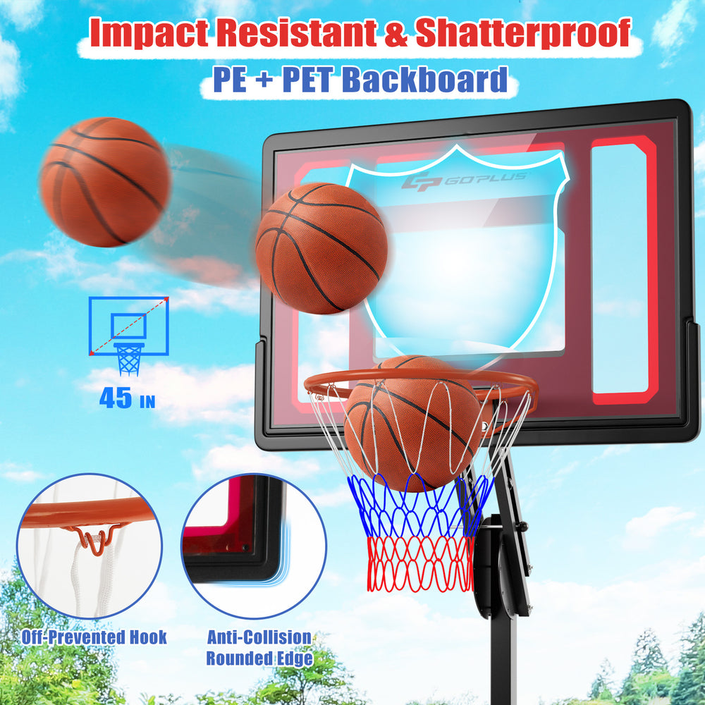 Basketball hoop with adjustable height, impact-resistant backboard, and stable base for indoor and outdoor play.
