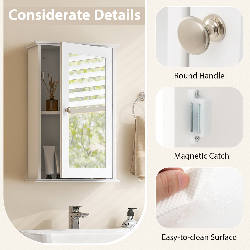 Bathroom wall cabinet with single mirror door, featuring adjustable shelves and a smooth, easy-to-clean surface.