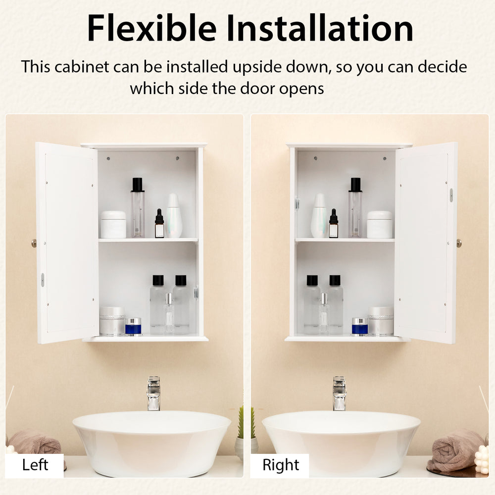 Bathroom wall cabinet with single mirror door, featuring flexible installation and adjustable shelves for organized.