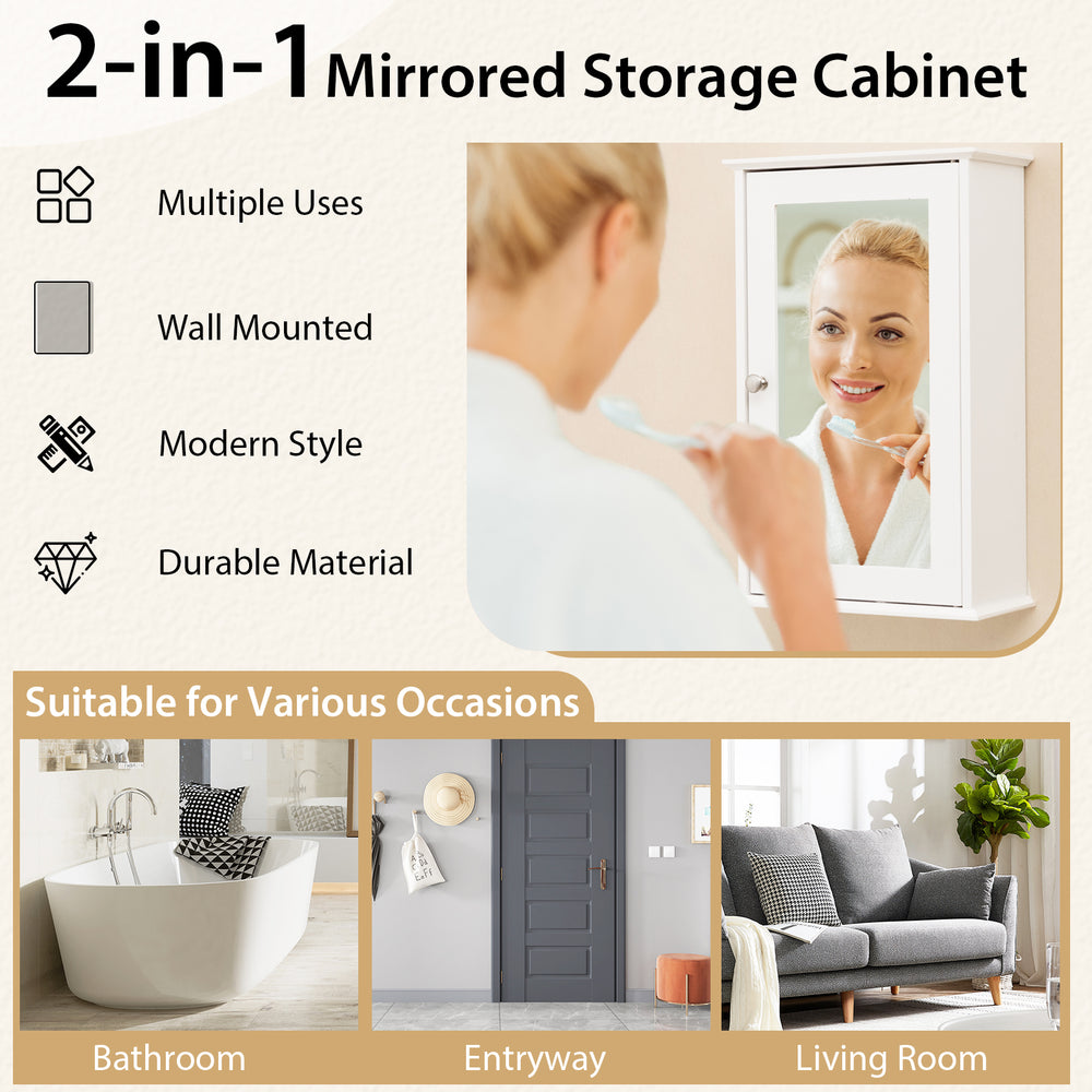 Mirrored wall cabinet with single door, adjustable shelves, and durable MDF material for bathroom or entryway storage.