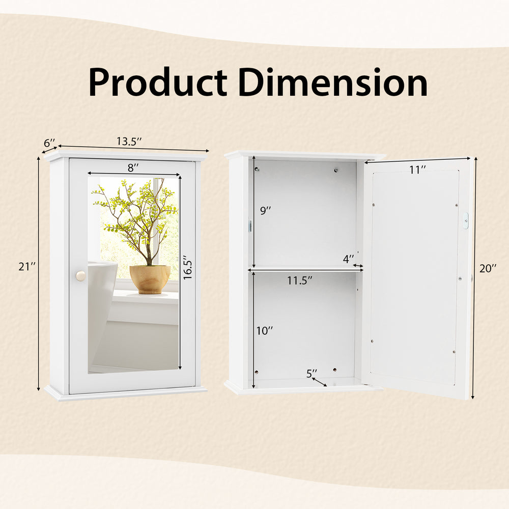 Bathroom wall cabinet with single mirror door, featuring 2-tier design and adjustable shelves for organized storage.