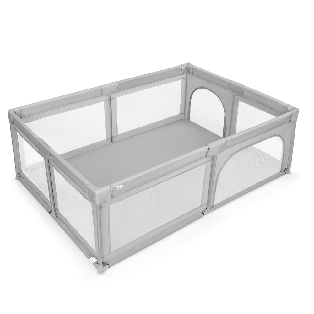 Extra-large gray safety baby fence made of 210D oxford cloth, includes 50 ocean balls for spacious playtime.