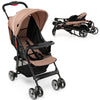 Toddler travel stroller in coffee color with canopy, adjustable backrest, and smart foldable design for easy storage.