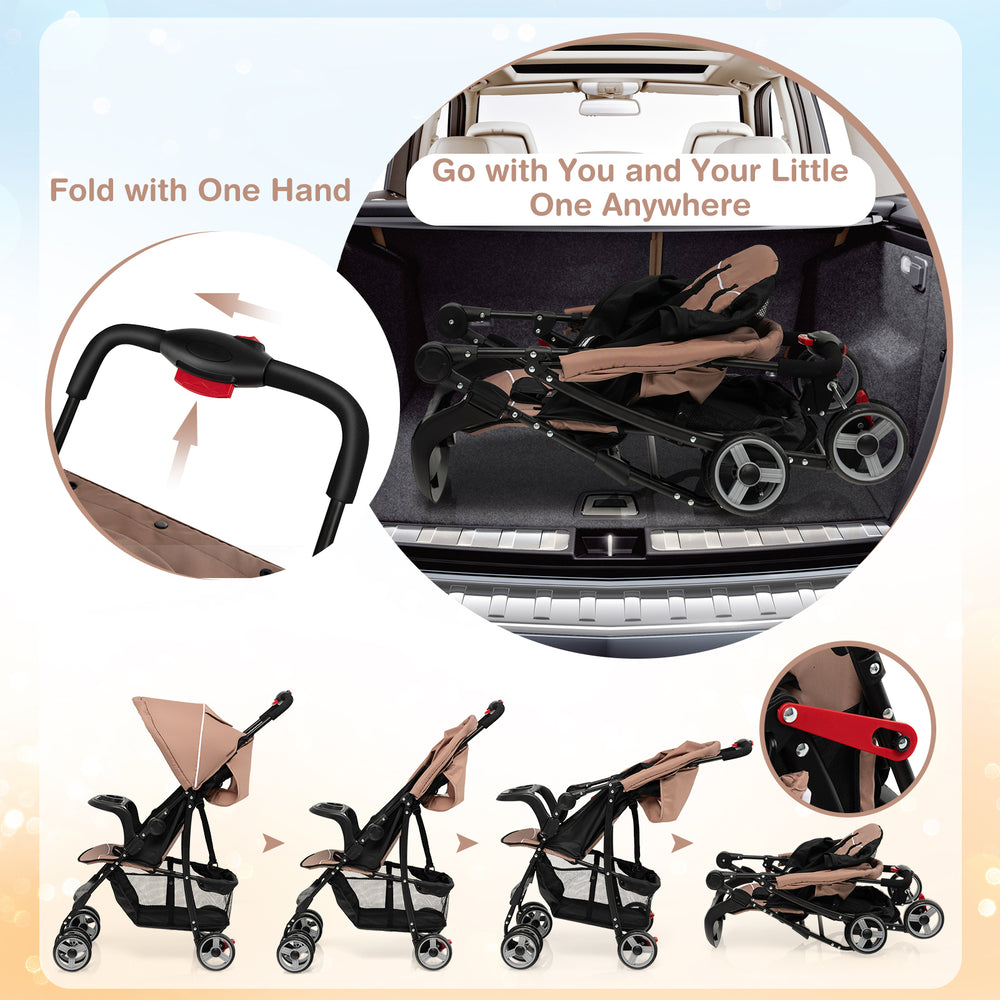 Toddler travel stroller in coffee color, featuring a foldable design, adjustable backrest, and protective canopy for.