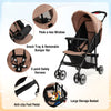 Toddler travel stroller in coffee with adjustable backrest, 5-point harness, and large storage basket for convenience.